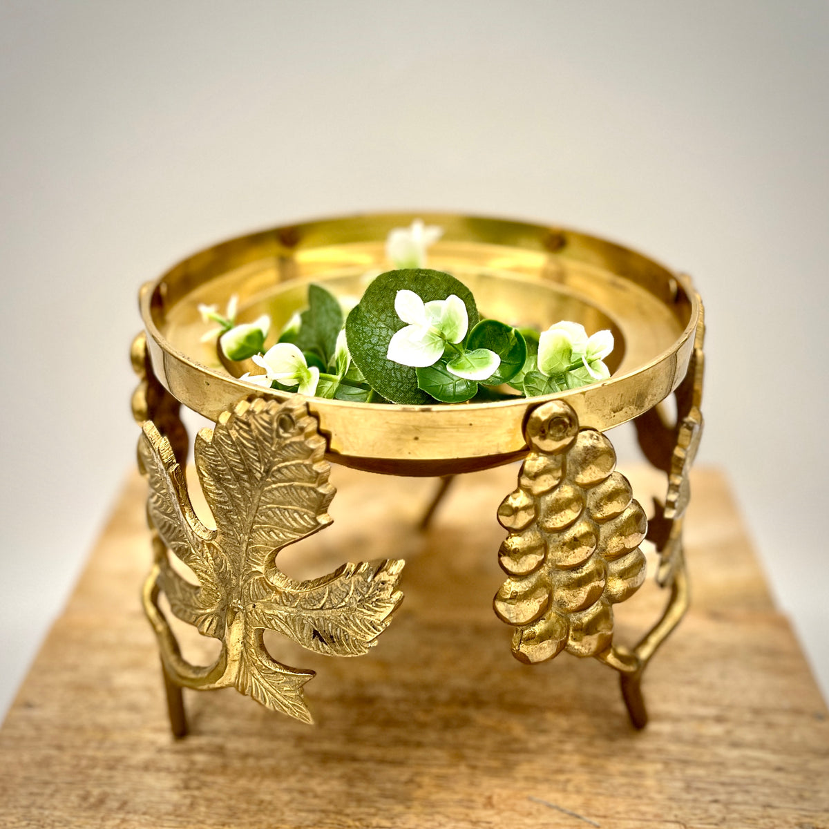 Vintage Ambrosia Brass Grape Motif Centerpiece Candle Holder Bowl