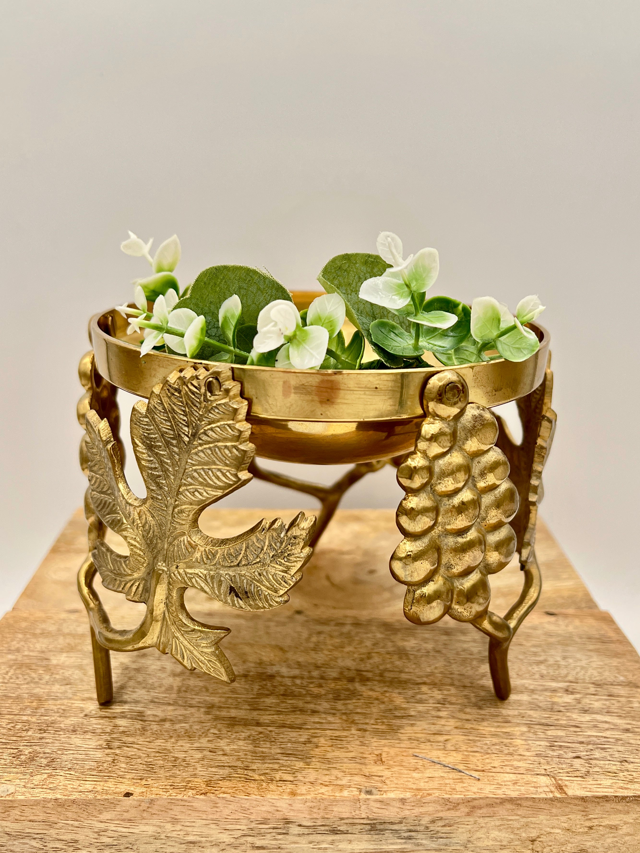 Vintage Ambrosia Brass Grape Motif Centerpiece Candle Holder Bowl