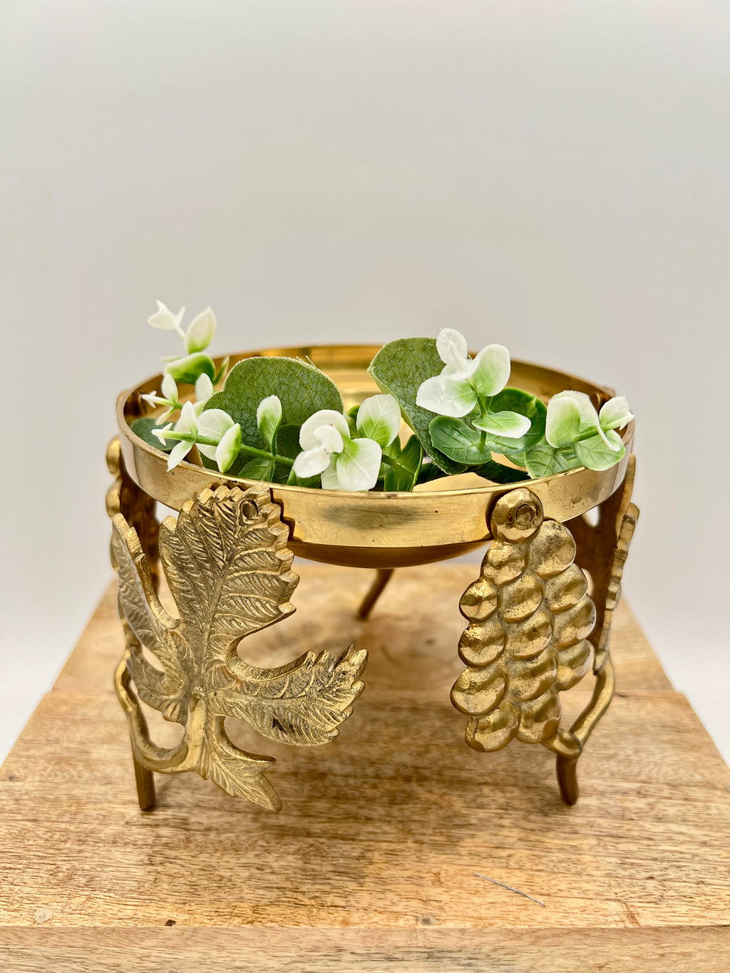 Vintage Ambrosia Brass Grape Motif Centerpiece Candle Holder Bowl