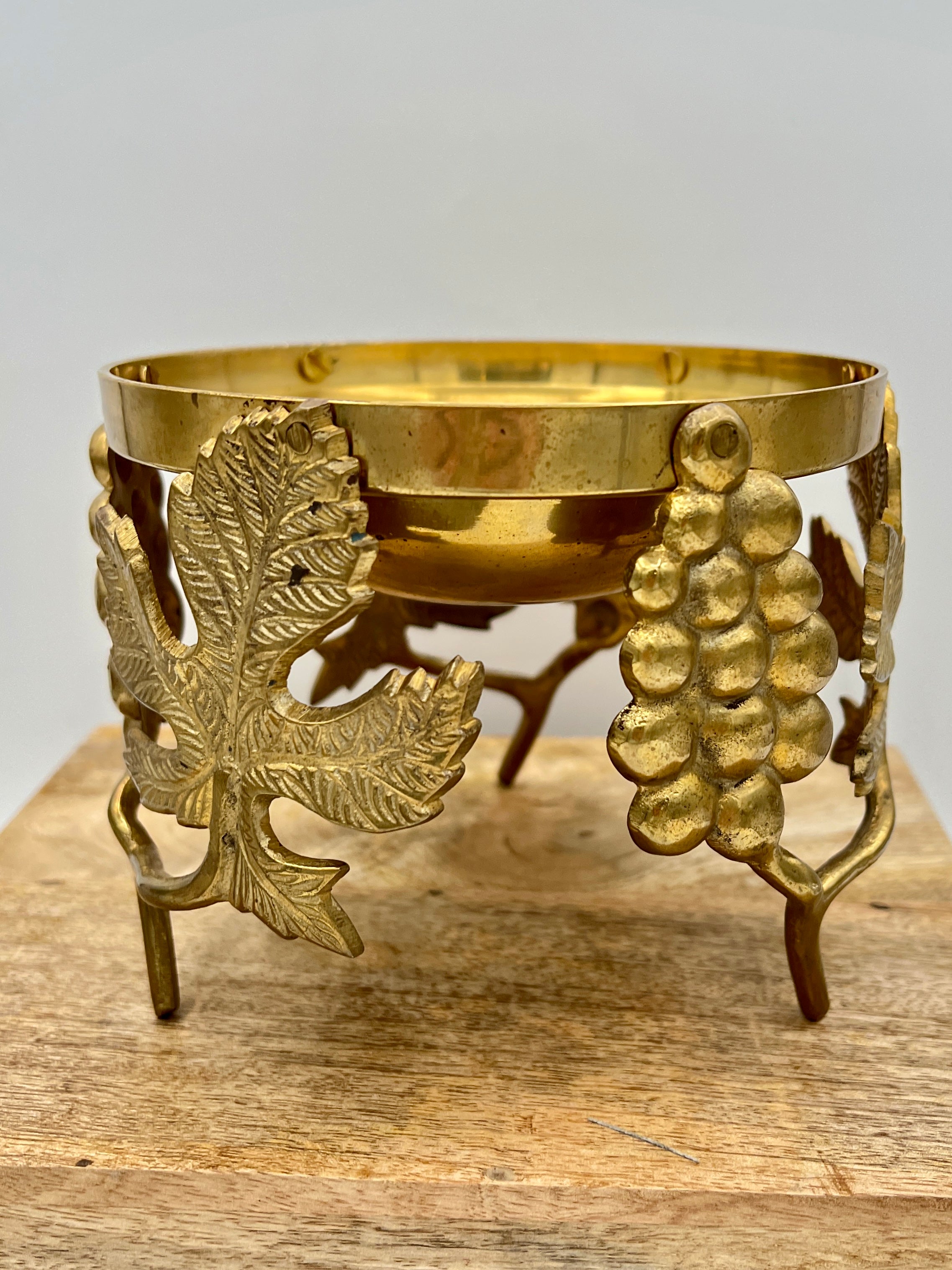 Vintage Ambrosia Brass Grape Motif Centerpiece Candle Holder Bowl