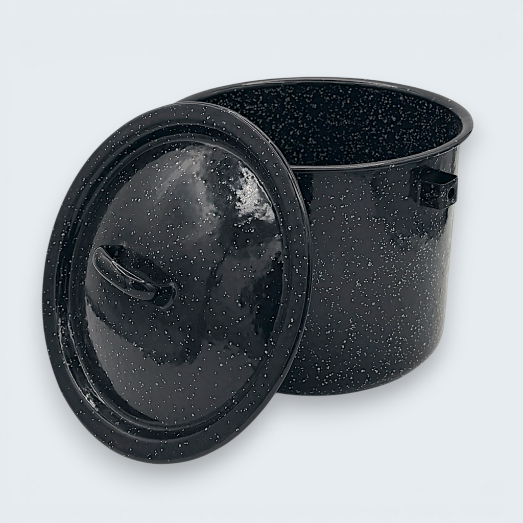 A vintage black speckled enamelware stock pot with a matching lid, featuring a classic white spatter pattern over a glossy black finish and sturdy handles. - Photo 3