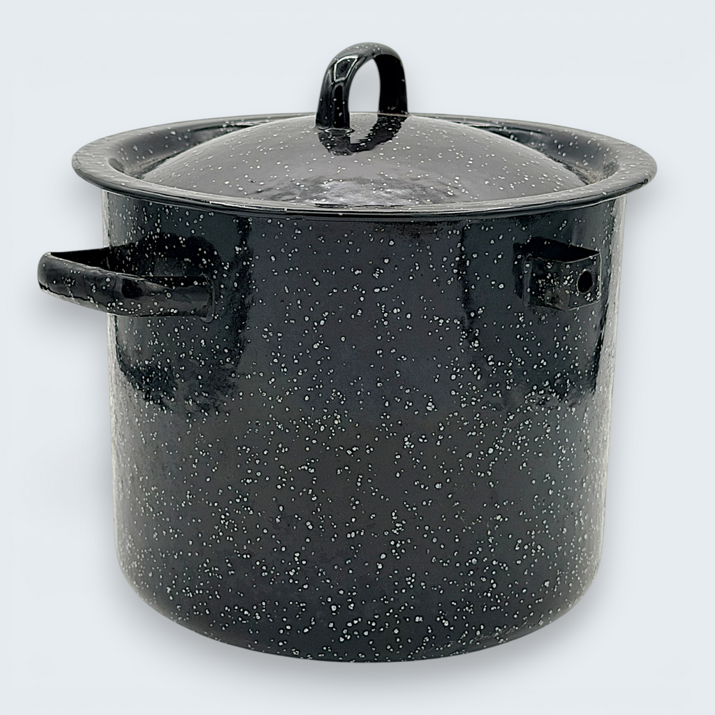 A vintage black speckled enamelware stock pot with a matching lid, featuring a classic white spatter pattern over a glossy black finish and sturdy handles. - Photo 5