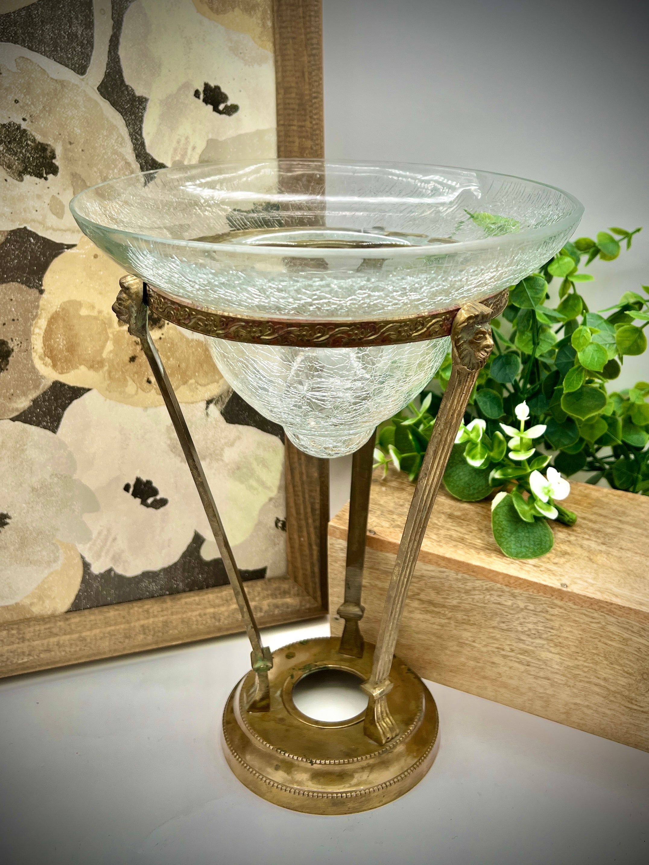 Vintage Brass Conical Vase with Lion Detail