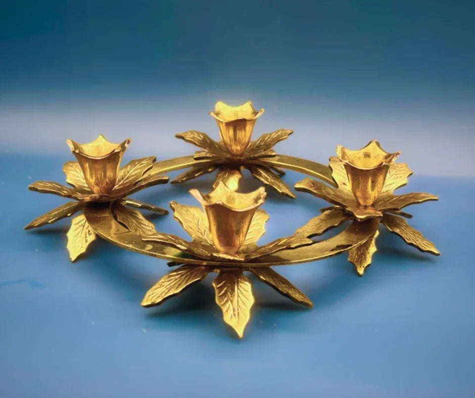 Vintage Brass Poinsettia Leaf 4-Taper Candle Holder Ring Centerpiece