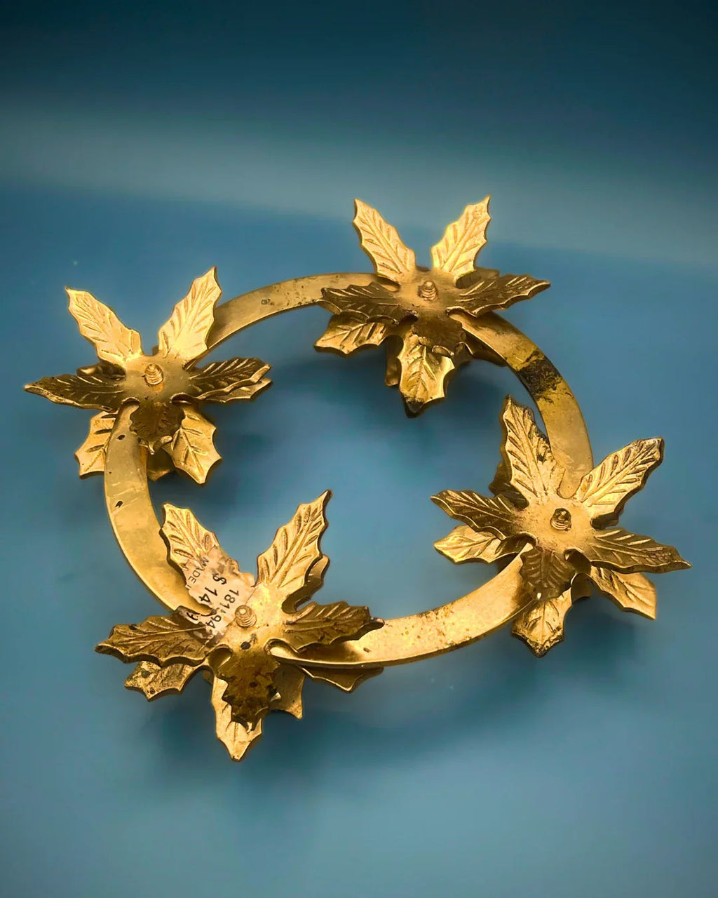 Vintage Brass Poinsettia Leaf 4-Taper Candle Holder Ring Centerpiece