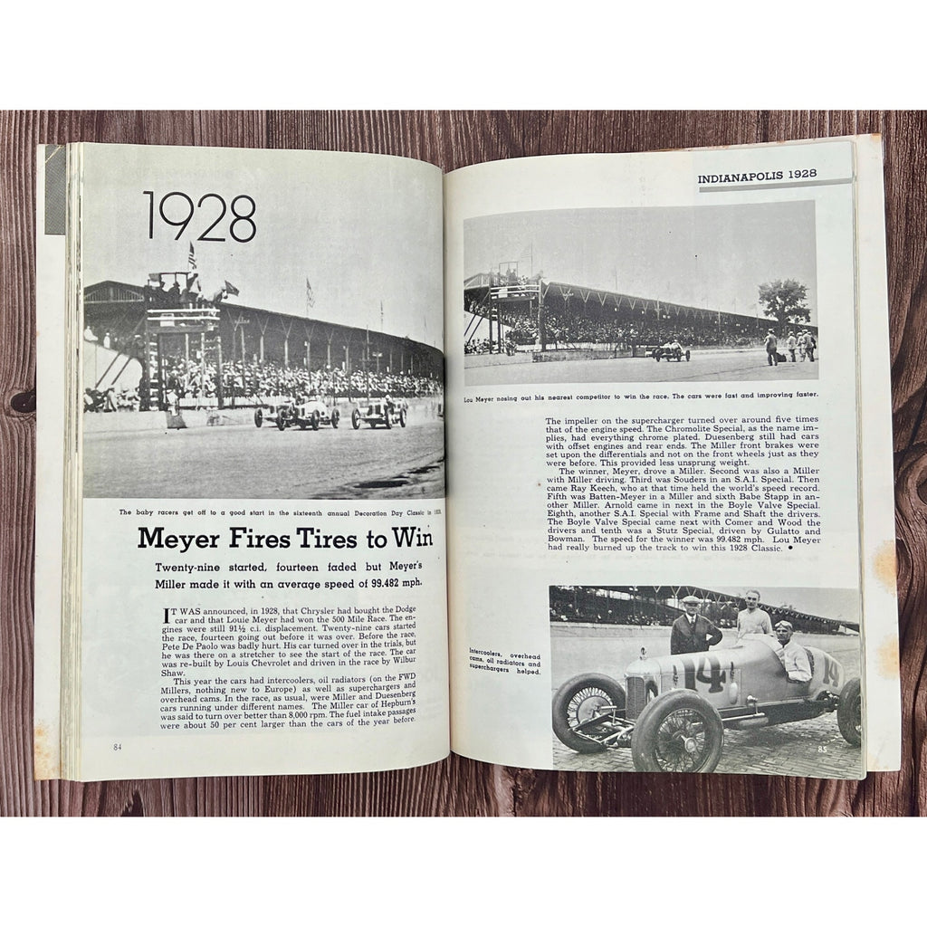 Open book showing pages about 1928 Indianapolis 500 race with black and white photos and text.