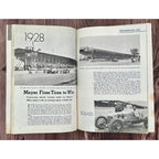 Open book showing pages about 1928 Indianapolis 500 race with black and white photos and text.