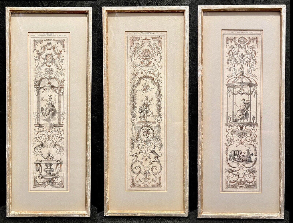 A set of three vertically framed French Baroque style art prints by Claude Audran, featuring intricate sepia-toned tapestry designs with classical architecture and animals. - Photo 1