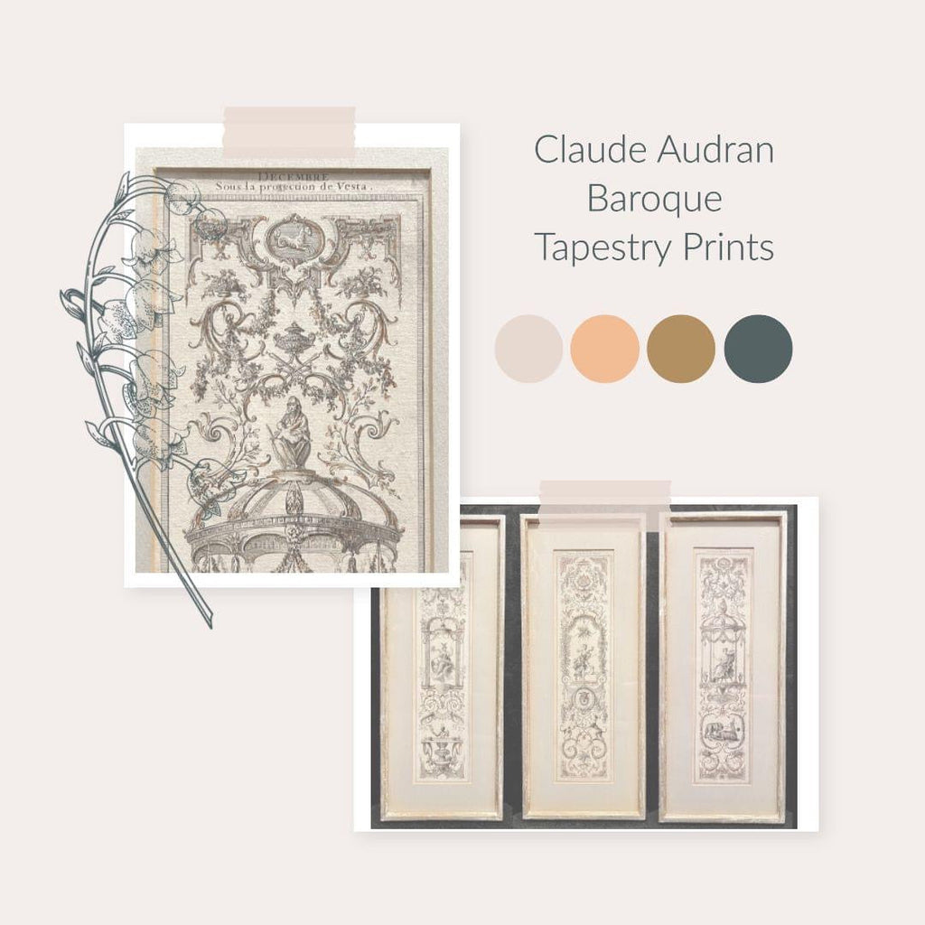 A set of three vertically framed French Baroque style art prints by Claude Audran, featuring intricate sepia-toned tapestry designs with classical architecture and animals. - Photo 2
