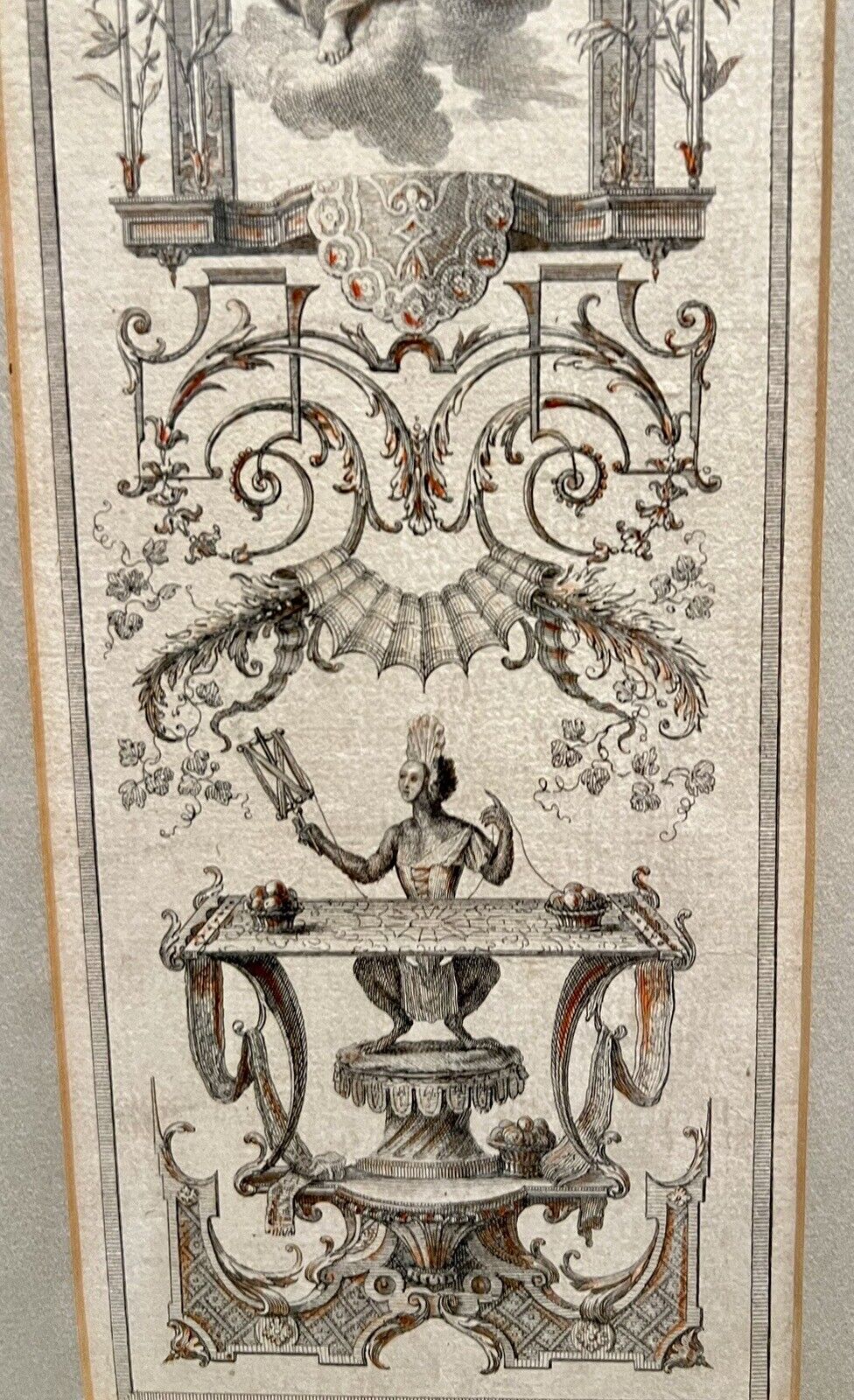 A set of three vertically framed French Baroque style art prints by Claude Audran, featuring intricate sepia-toned tapestry designs with classical architecture and animals. - Photo 4