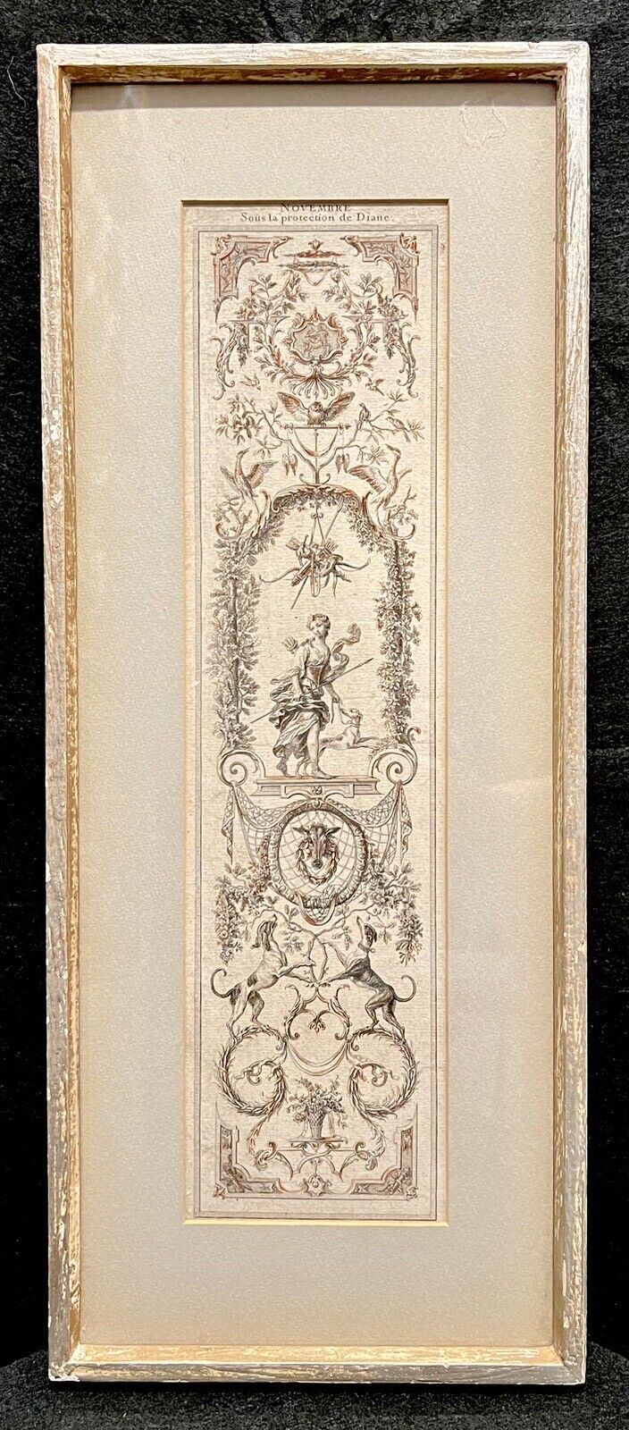 A set of three vertically framed French Baroque style art prints by Claude Audran, featuring intricate sepia-toned tapestry designs with classical architecture and animals. - Photo 5