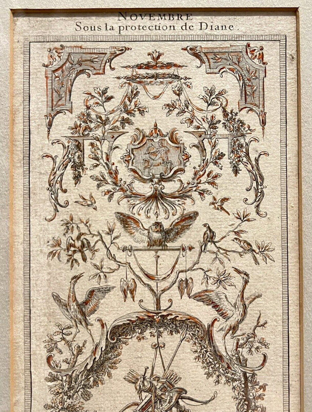 A set of three vertically framed French Baroque style art prints by Claude Audran, featuring intricate sepia-toned tapestry designs with classical architecture and animals. - Photo 6