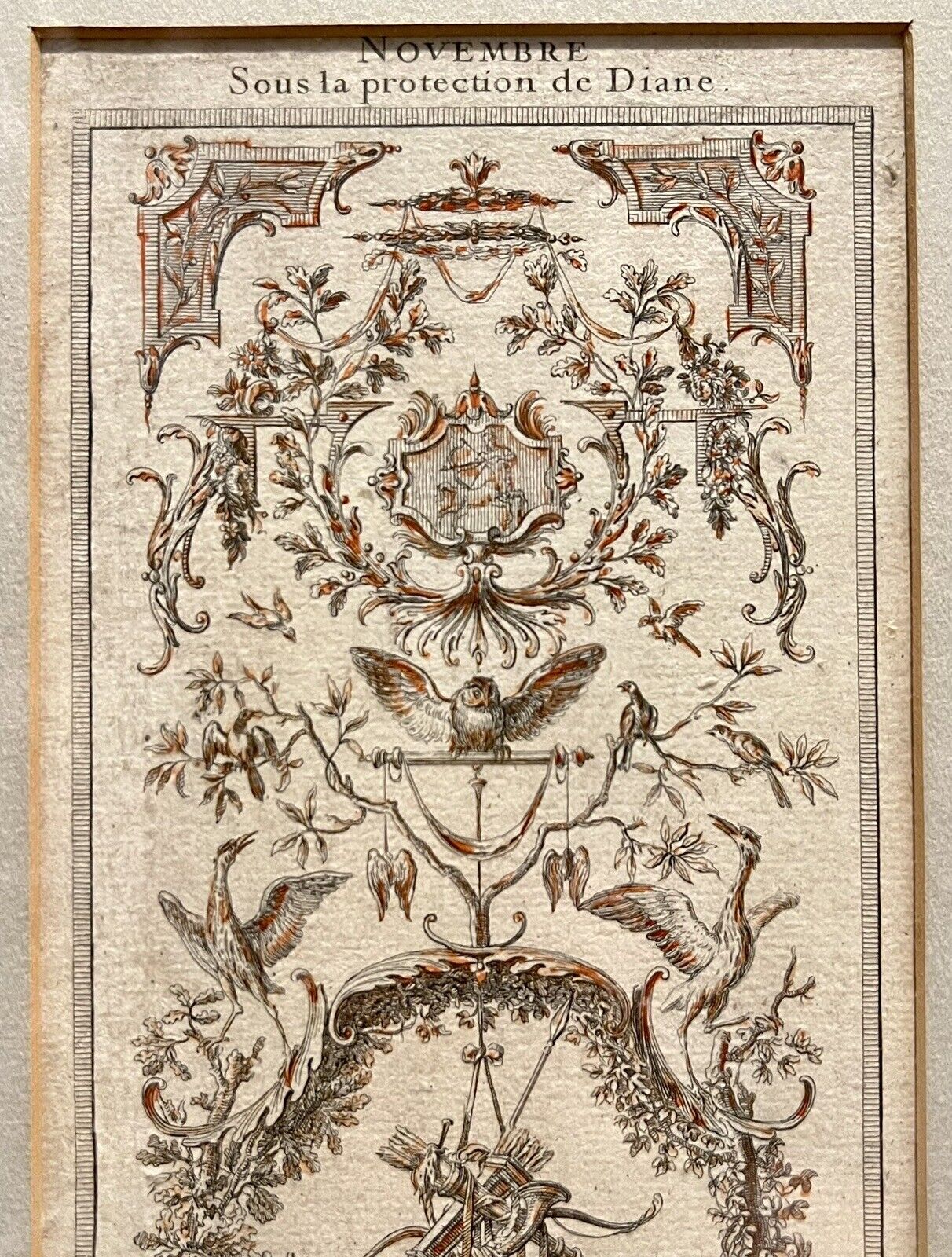 A set of three vertically framed French Baroque style art prints by Claude Audran, featuring intricate sepia-toned tapestry designs with classical architecture and animals. - Photo 6