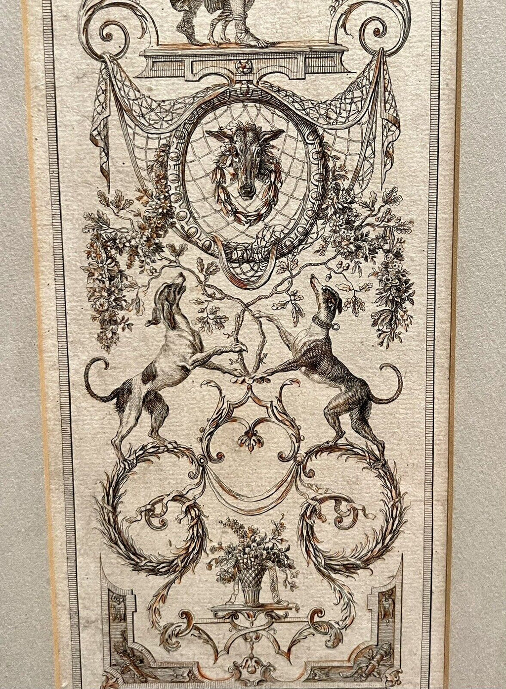 A set of three vertically framed French Baroque style art prints by Claude Audran, featuring intricate sepia-toned tapestry designs with classical architecture and animals. - Photo 7