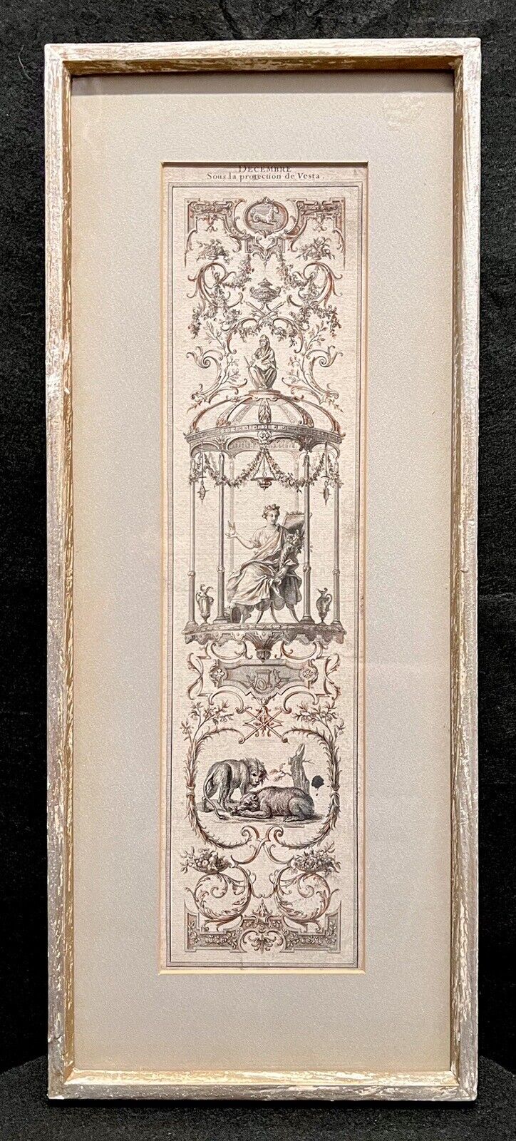 A set of three vertically framed French Baroque style art prints by Claude Audran, featuring intricate sepia-toned tapestry designs with classical architecture and animals. - Photo 8