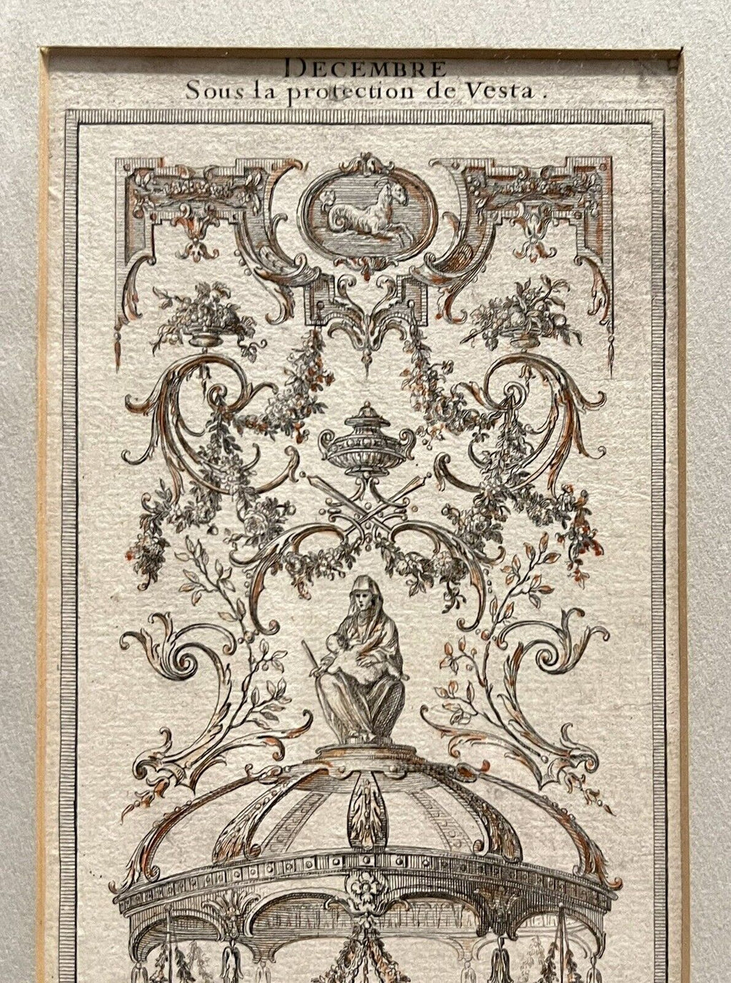 A set of three vertically framed French Baroque style art prints by Claude Audran, featuring intricate sepia-toned tapestry designs with classical architecture and animals. - Photo 9