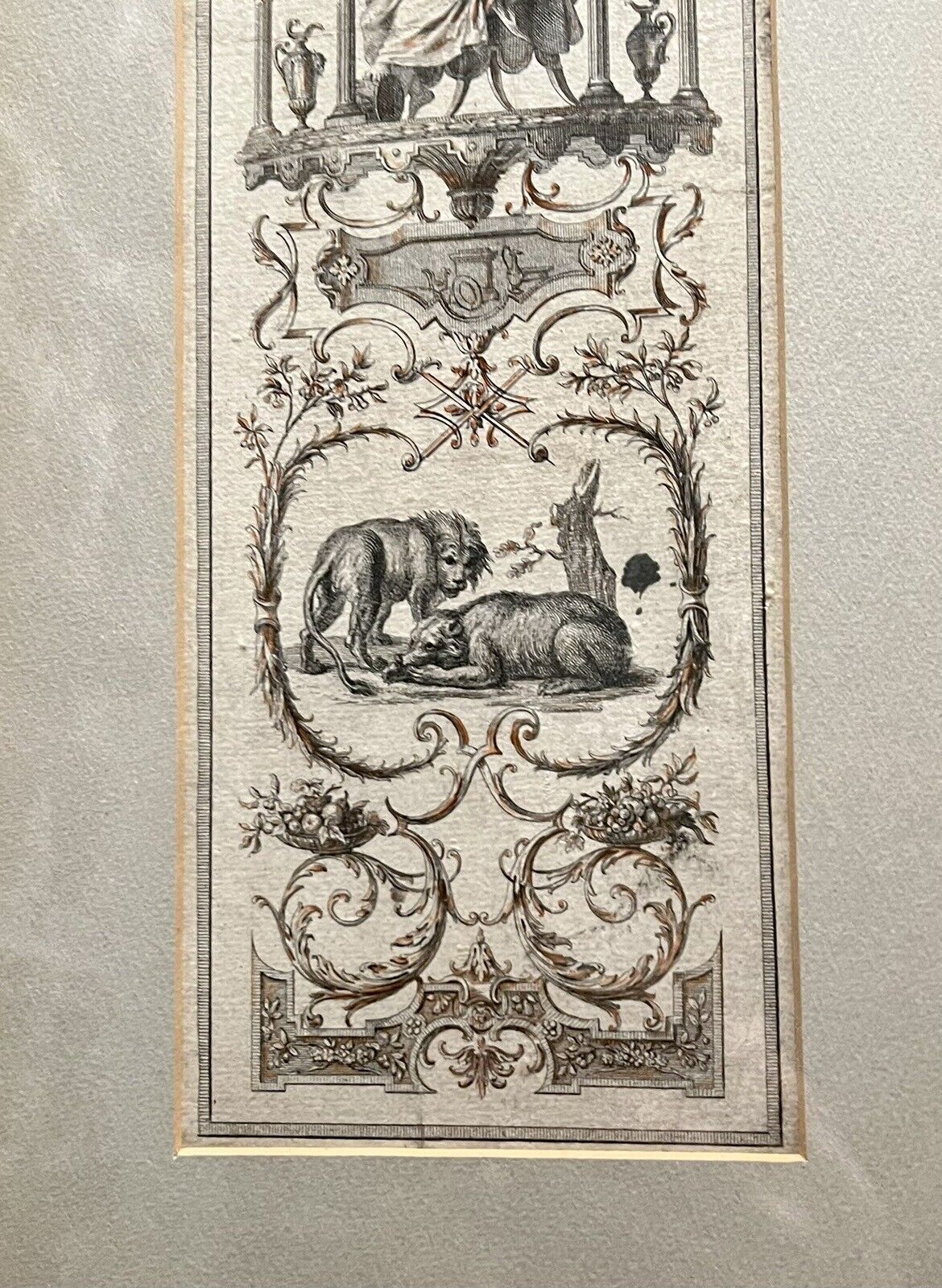 A set of three vertically framed French Baroque style art prints by Claude Audran, featuring intricate sepia-toned tapestry designs with classical architecture and animals. - Photo 10
