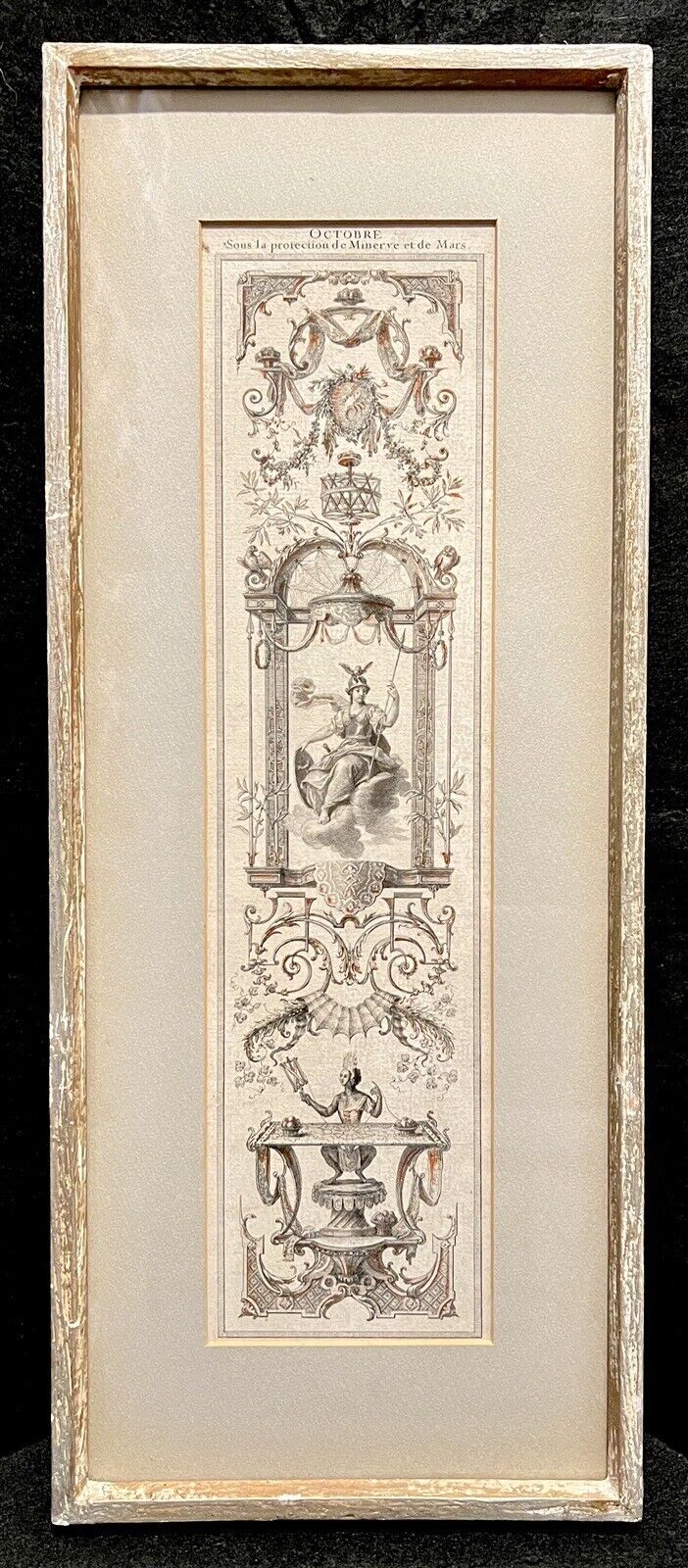 A set of three vertically framed French Baroque style art prints by Claude Audran, featuring intricate sepia-toned tapestry designs with classical architecture and animals. - Photo 12