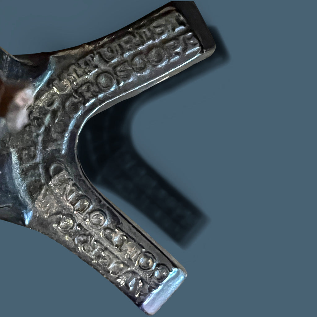 An antique silver-colored steel microscope standing vertically against a solid background, showcasing its classic cylindrical body tube, focus adjustment wheels, and sturdy black metal base. - Photo 6