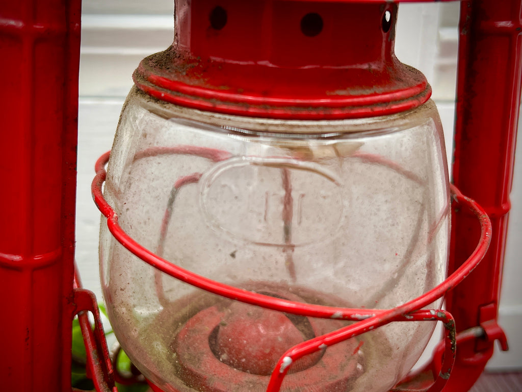 Vintage Dietz No. 50 Comet Red Kerosene Lantern with Glass Globe & Metal Frame