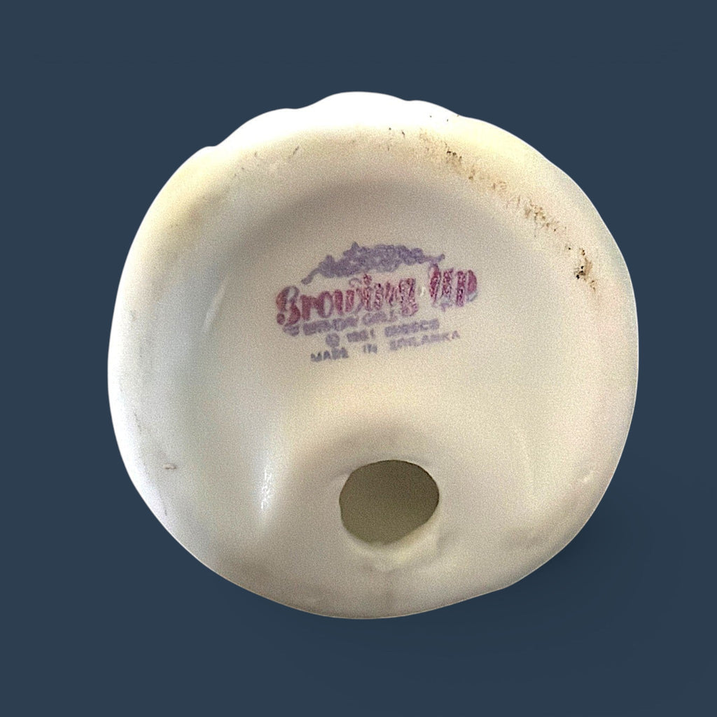 Base of Enesco Growing Up Birthday Girls age 2 porcelain figurine, showing the purple stamp with 1981 copyright and Made in Sri Lanka text. - Photo 4