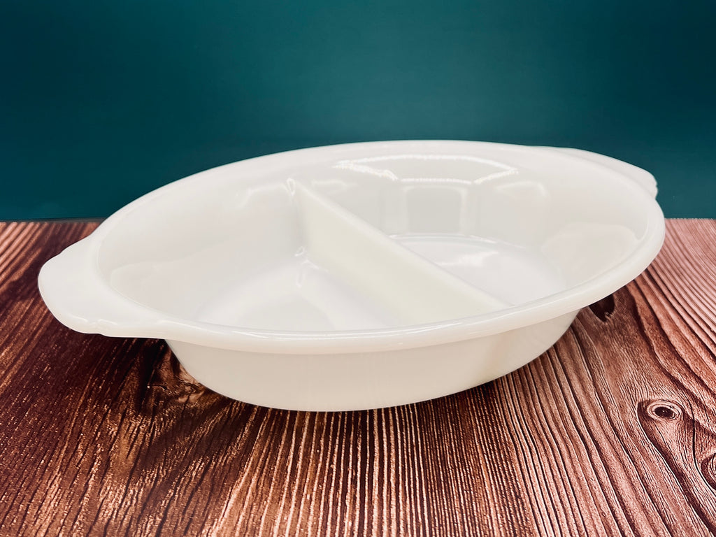 Vintage Fire King 468 White Milk Glass Divided Oval Baking Dish