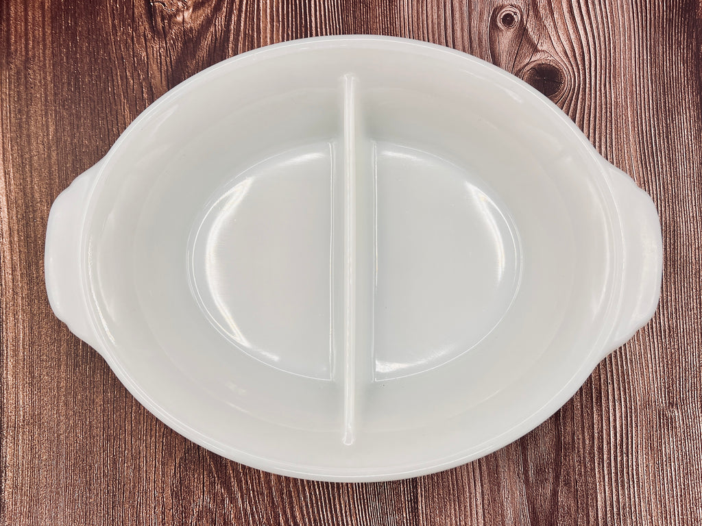Vintage Fire King 468 White Milk Glass Divided Oval Baking Dish