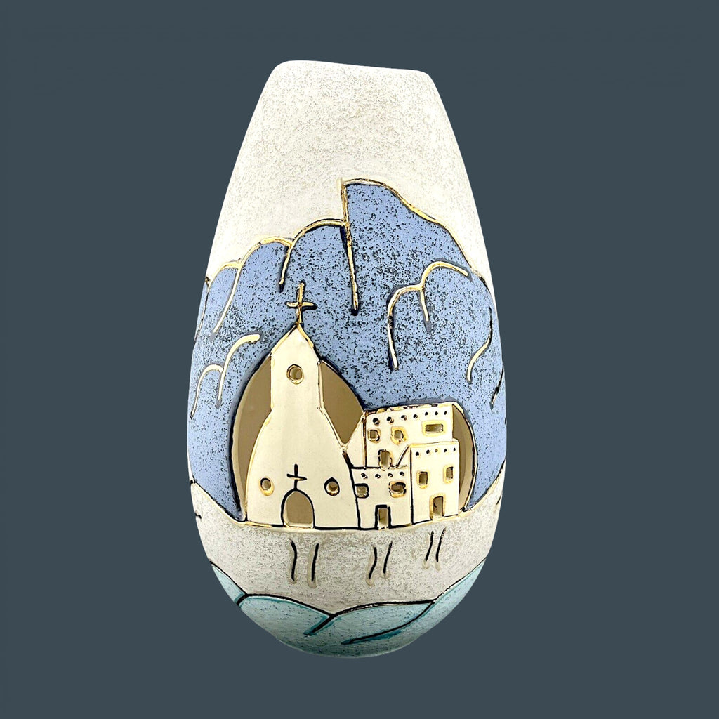 Vintage 12-inch Southwestern studio art pottery vase by Gina Arrighetti featuring a pierced adobe pueblo church landscape and gold accents. - Photo 1