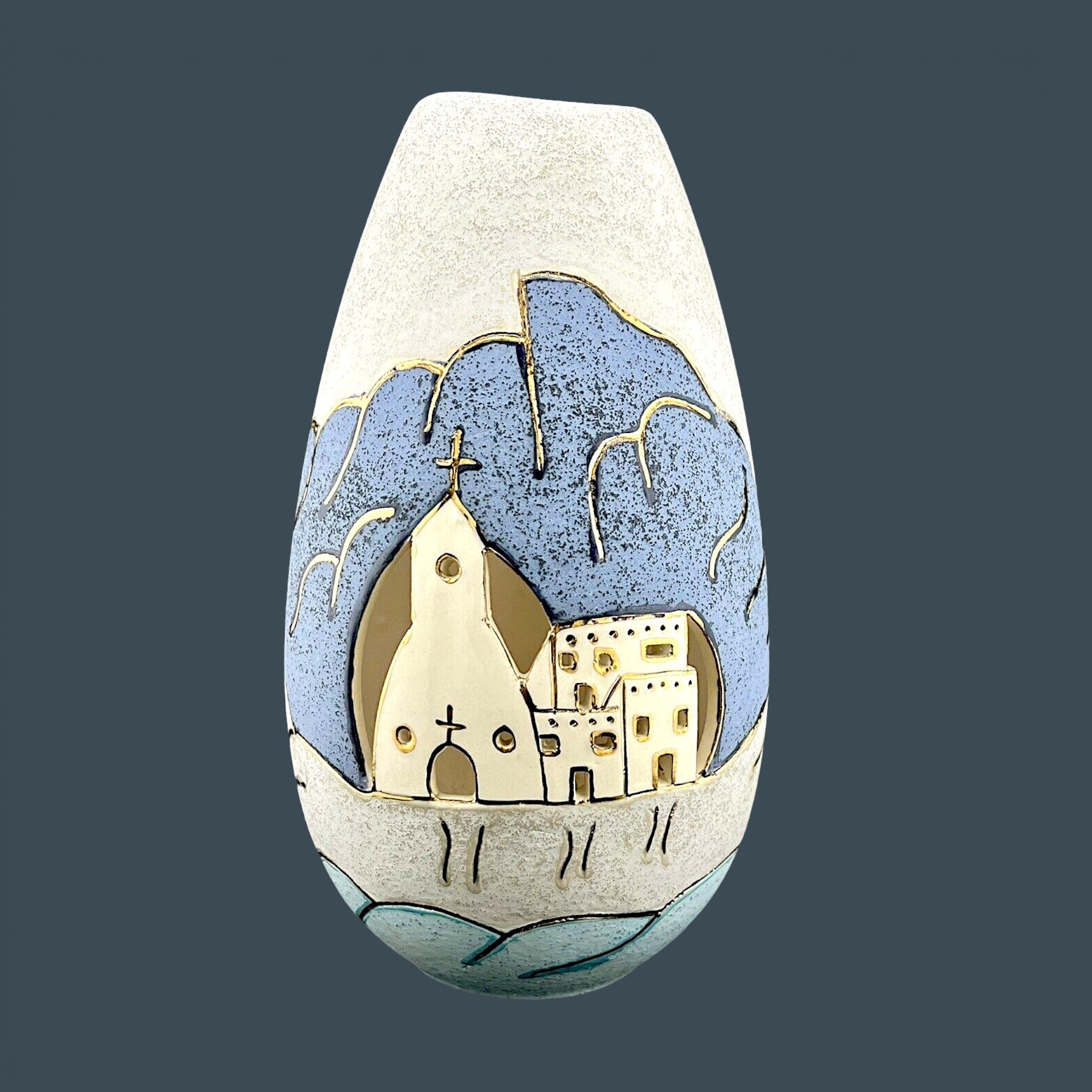 Vintage 12-inch Southwestern studio art pottery vase by Gina Arrighetti featuring a pierced adobe pueblo church landscape and gold accents. - Photo 1