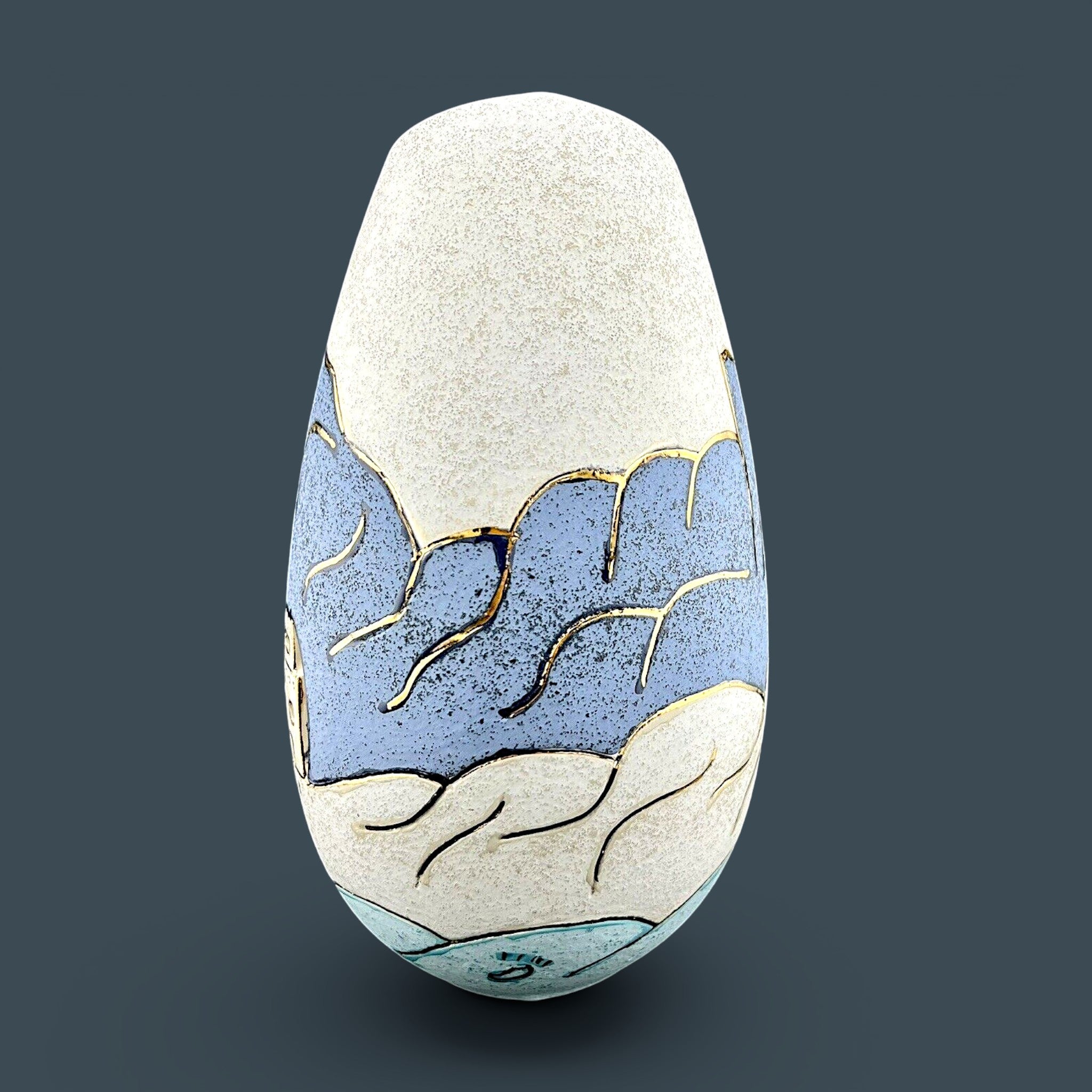 Vintage 12-inch Southwestern studio art pottery vase by Gina Arrighetti featuring a pierced adobe pueblo church landscape and gold accents. - Photo 2