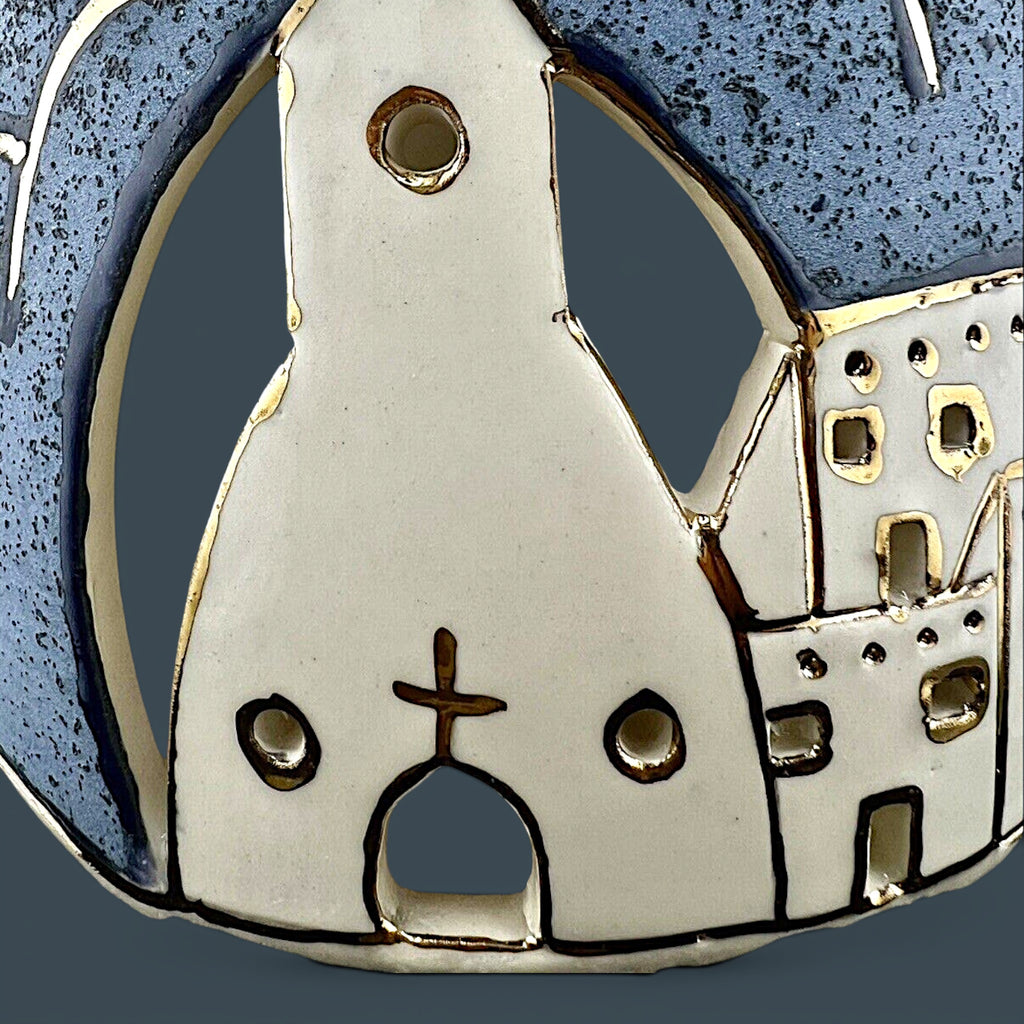 Vintage 12-inch Southwestern studio art pottery vase by Gina Arrighetti featuring a pierced adobe pueblo church landscape and gold accents. - Photo 4