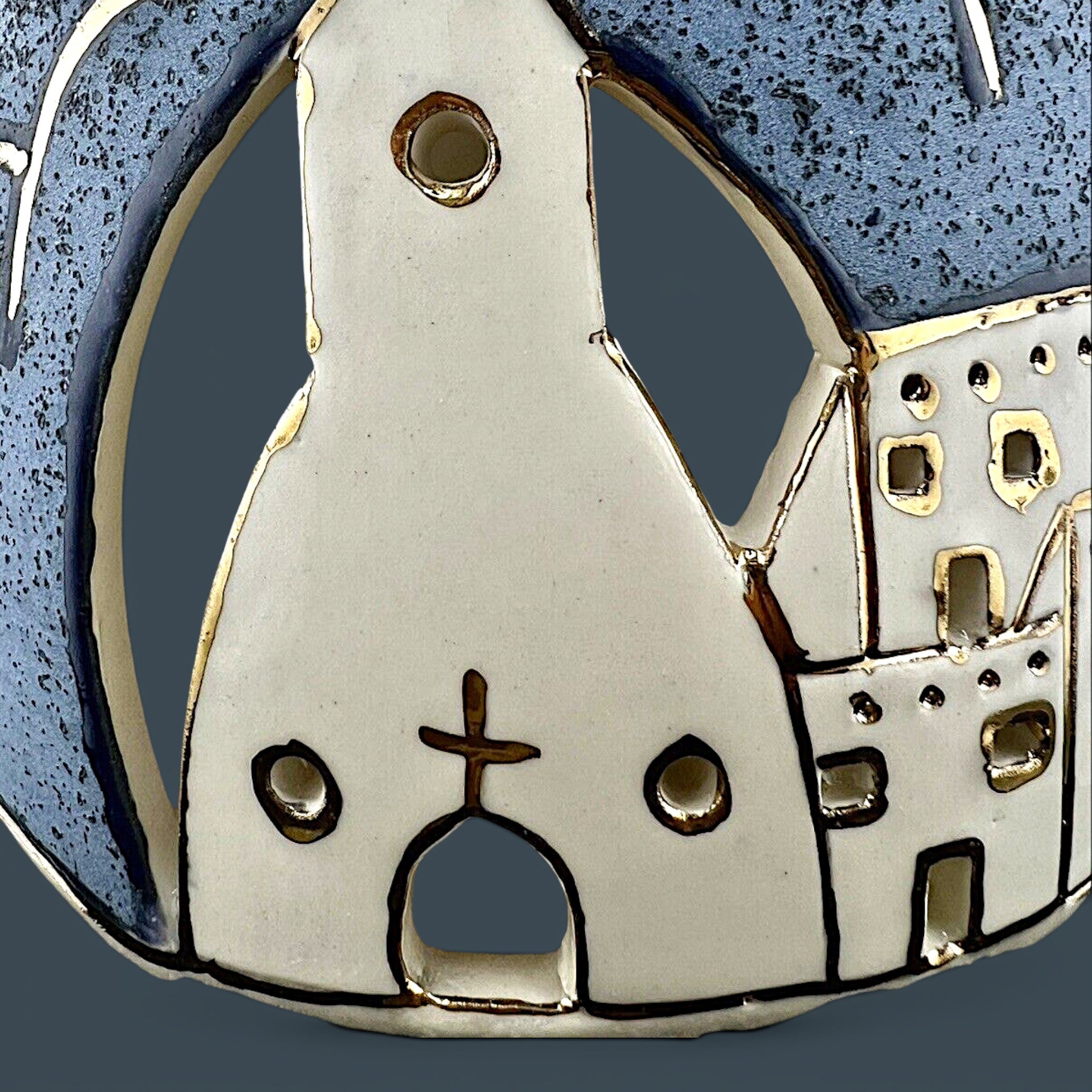 Vintage 12-inch Southwestern studio art pottery vase by Gina Arrighetti featuring a pierced adobe pueblo church landscape and gold accents. - Photo 4