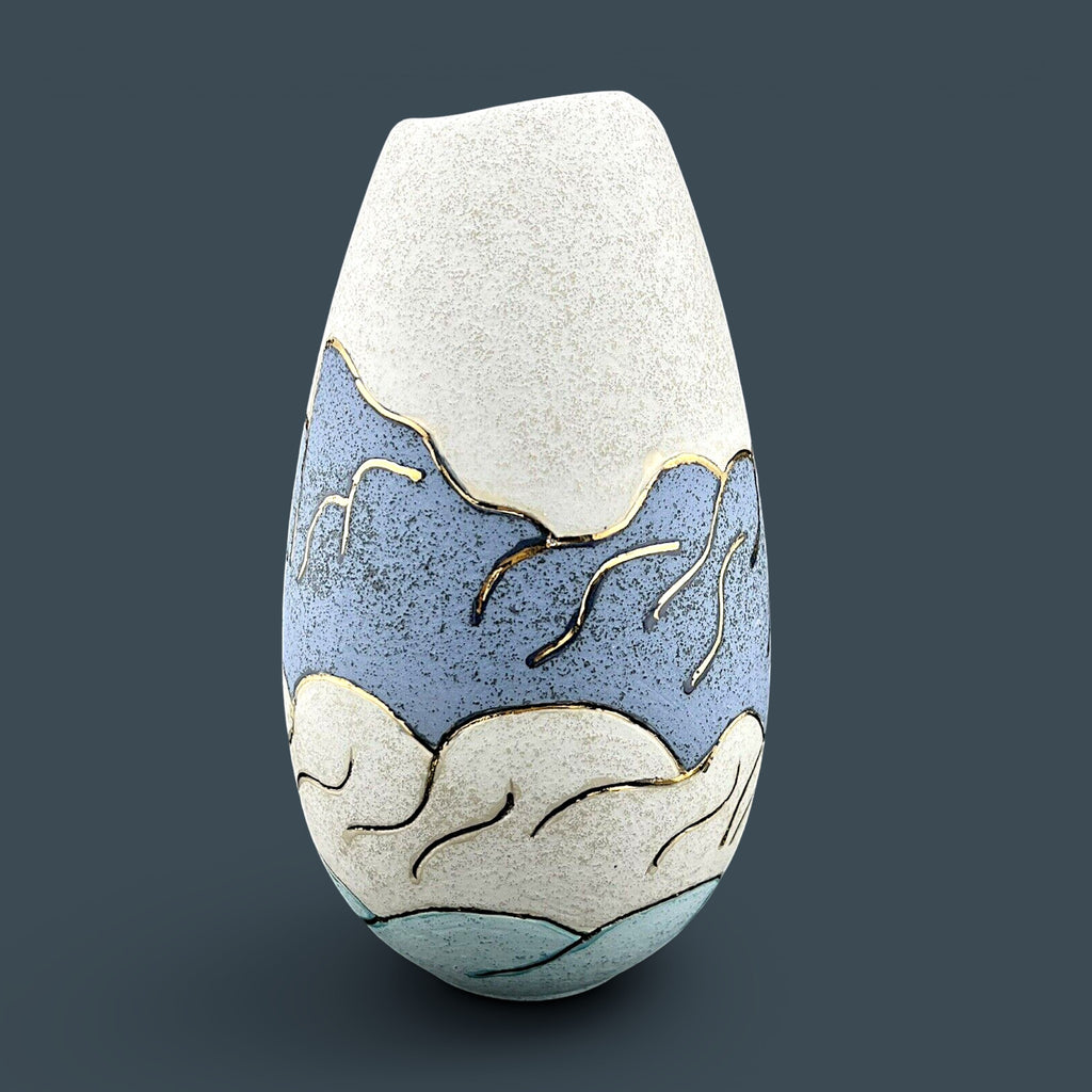 Vintage 12-inch Southwestern studio art pottery vase by Gina Arrighetti featuring a pierced adobe pueblo church landscape and gold accents. - Photo 5