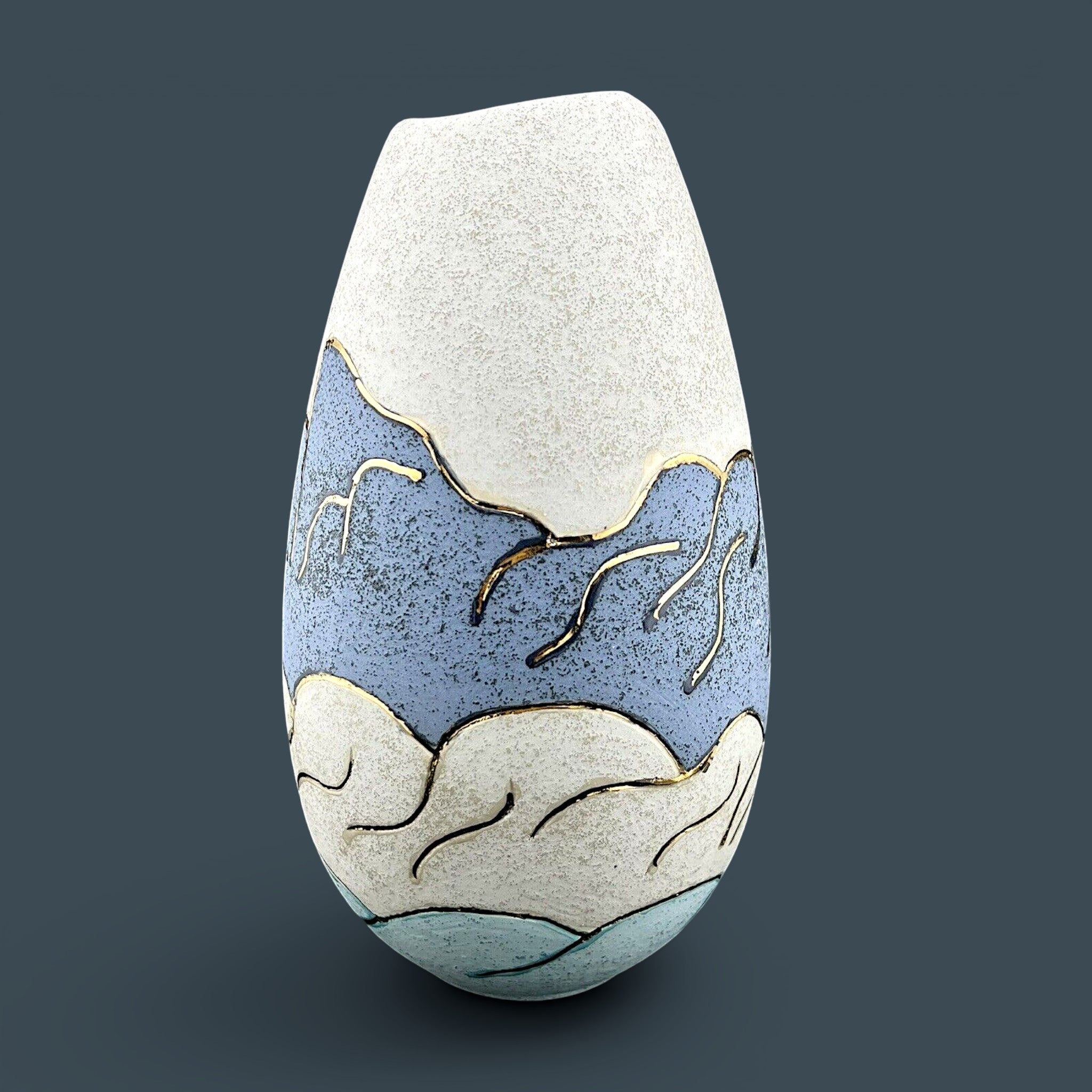 Vintage 12-inch Southwestern studio art pottery vase by Gina Arrighetti featuring a pierced adobe pueblo church landscape and gold accents. - Photo 5