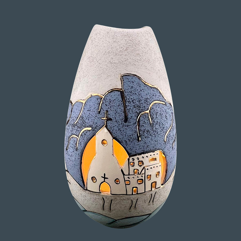 Vintage 12-inch Southwestern studio art pottery vase by Gina Arrighetti featuring a pierced adobe pueblo church landscape and gold accents. - Photo 7