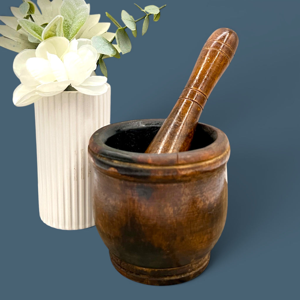 Vintage hand-turned tropical hardwood mortar and pestle set with seasoned interior. - Photo 1