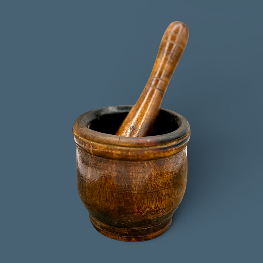 Vintage hand-turned tropical hardwood mortar and pestle set with seasoned interior. - Photo 3