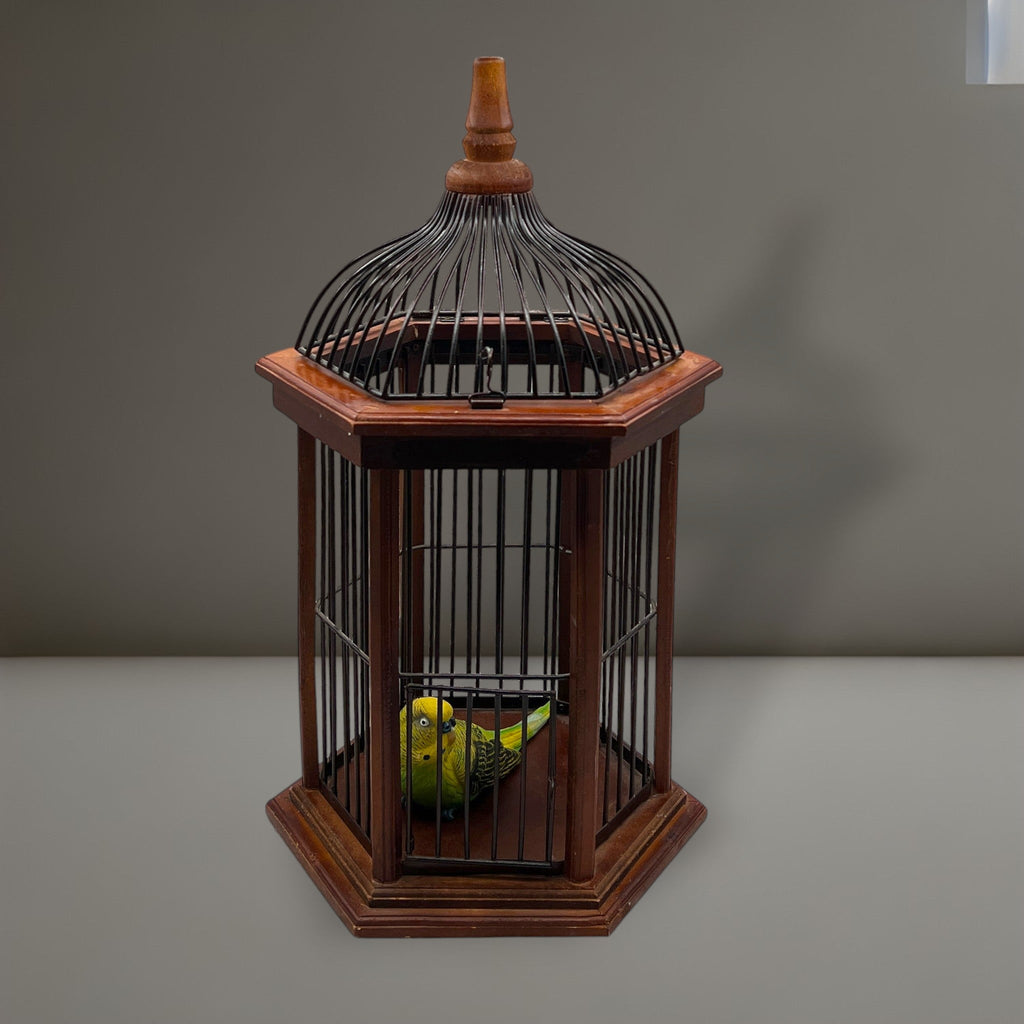 Hexagonal wood and wire decorative birdcage with a dark wooden frame, thin vertical metal bars, and a hinged wire top lid held open. - Photo 1