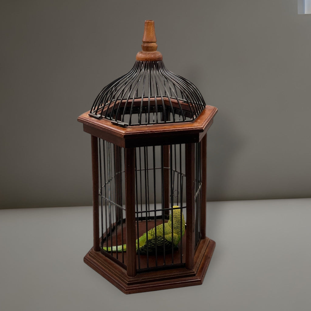 Hexagonal wood and wire decorative birdcage with a dark wooden frame, thin vertical metal bars, and a hinged wire top lid held open. - Photo 2