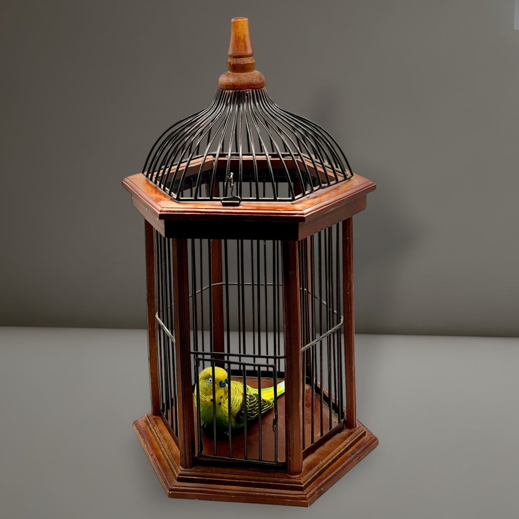 Hexagonal wood and wire decorative birdcage with a dark wooden frame, thin vertical metal bars, and a hinged wire top lid held open. - Photo 3