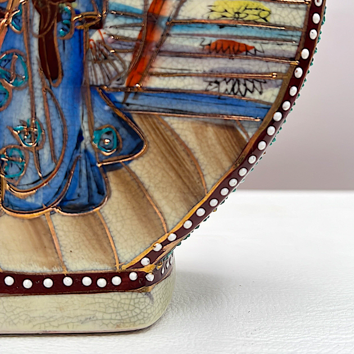 Japanese Satsuma ceramic moon flask vase with gilded scroll handles, fine cream crackle glaze, and hand-painted geisha figures in colorful kimonos surrounded by raised moriage enamel beading along the shoulders and borders. - Photo 2