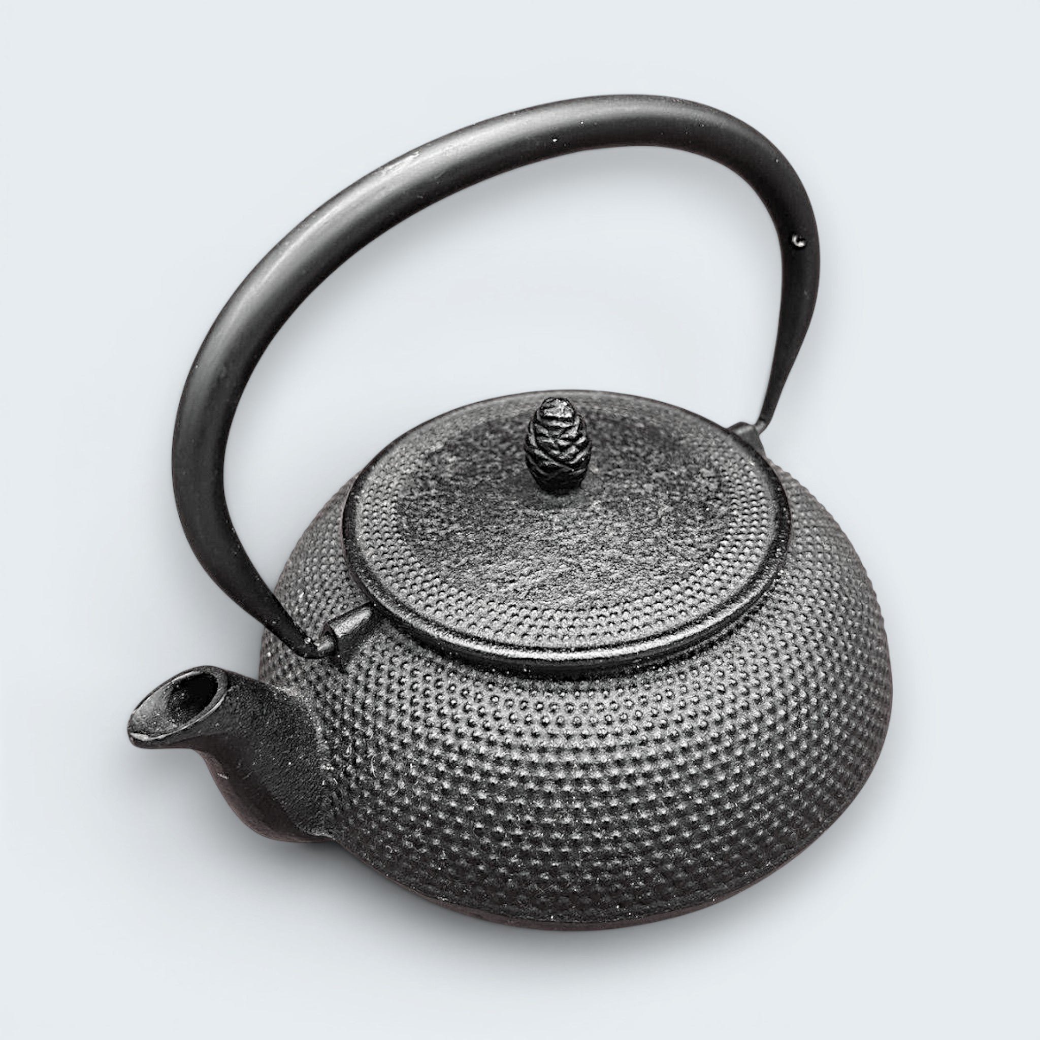 A black cast iron tetsubin teapot featuring a classic hobnail textured surface, open top showing a stainless steel mesh infuser basket, and two pivoting black metal handle hinges on the sides. - Photo 1