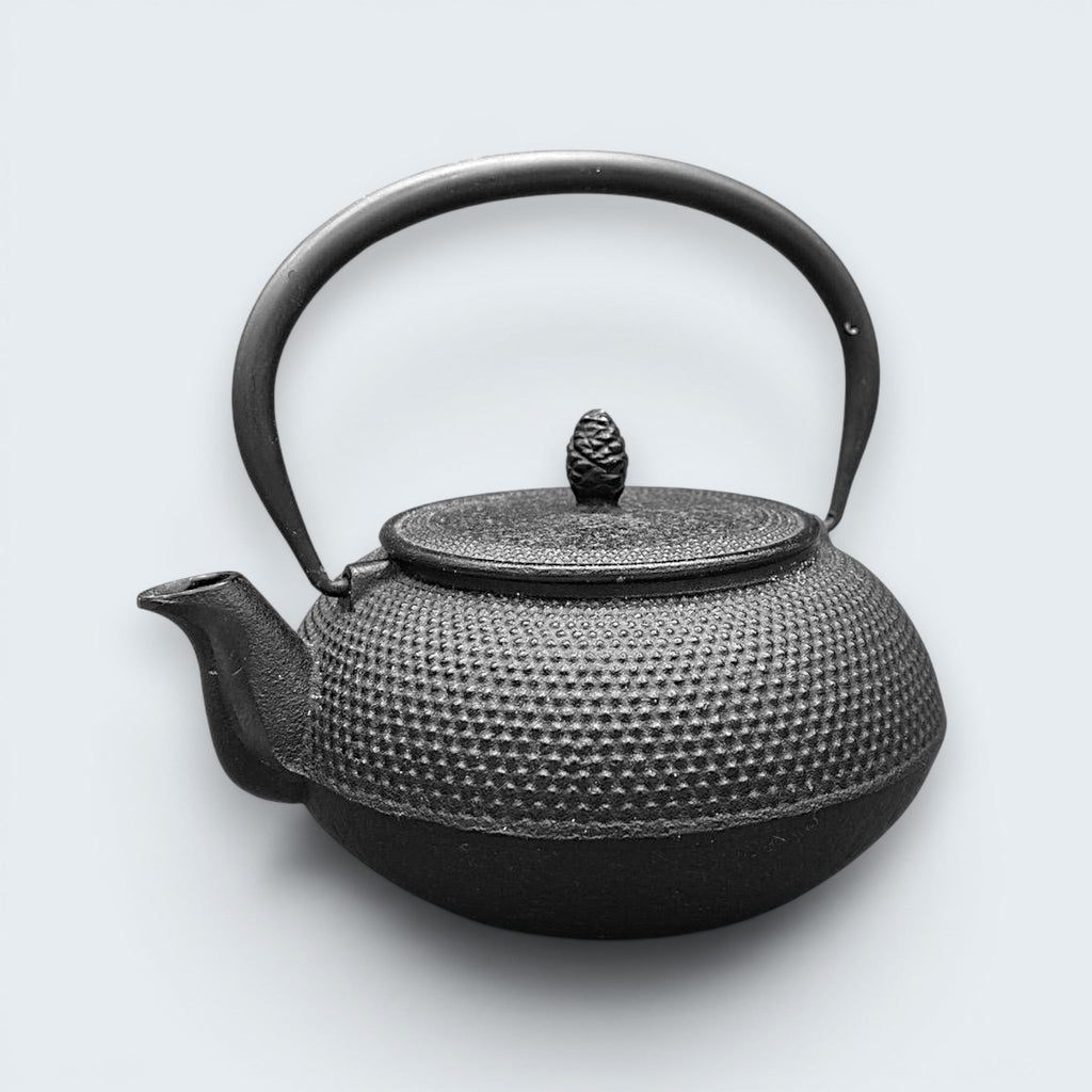 A black cast iron tetsubin teapot featuring a classic hobnail textured surface, open top showing a stainless steel mesh infuser basket, and two pivoting black metal handle hinges on the sides. - Photo 2