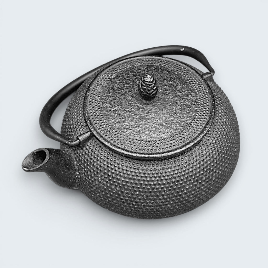 A black cast iron tetsubin teapot featuring a classic hobnail textured surface, open top showing a stainless steel mesh infuser basket, and two pivoting black metal handle hinges on the sides. - Photo 3