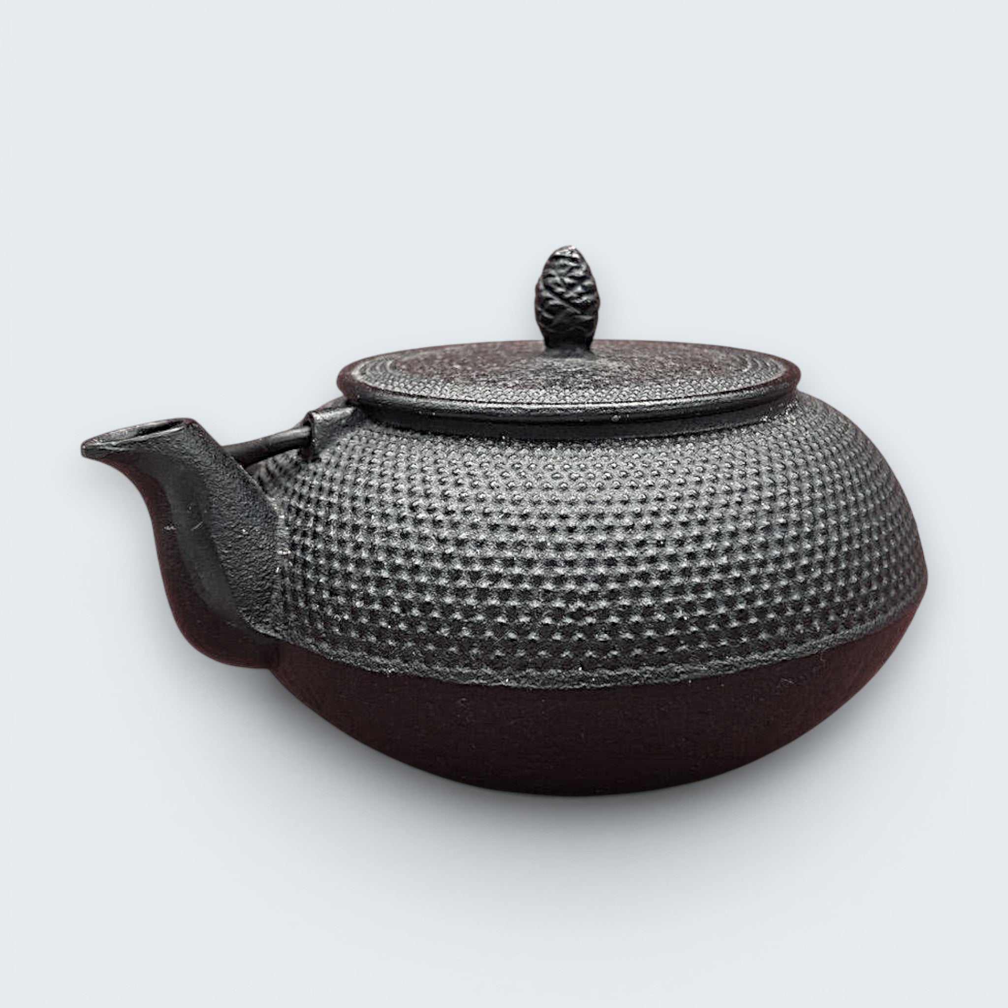 A black cast iron tetsubin teapot featuring a classic hobnail textured surface, open top showing a stainless steel mesh infuser basket, and two pivoting black metal handle hinges on the sides. - Photo 4
