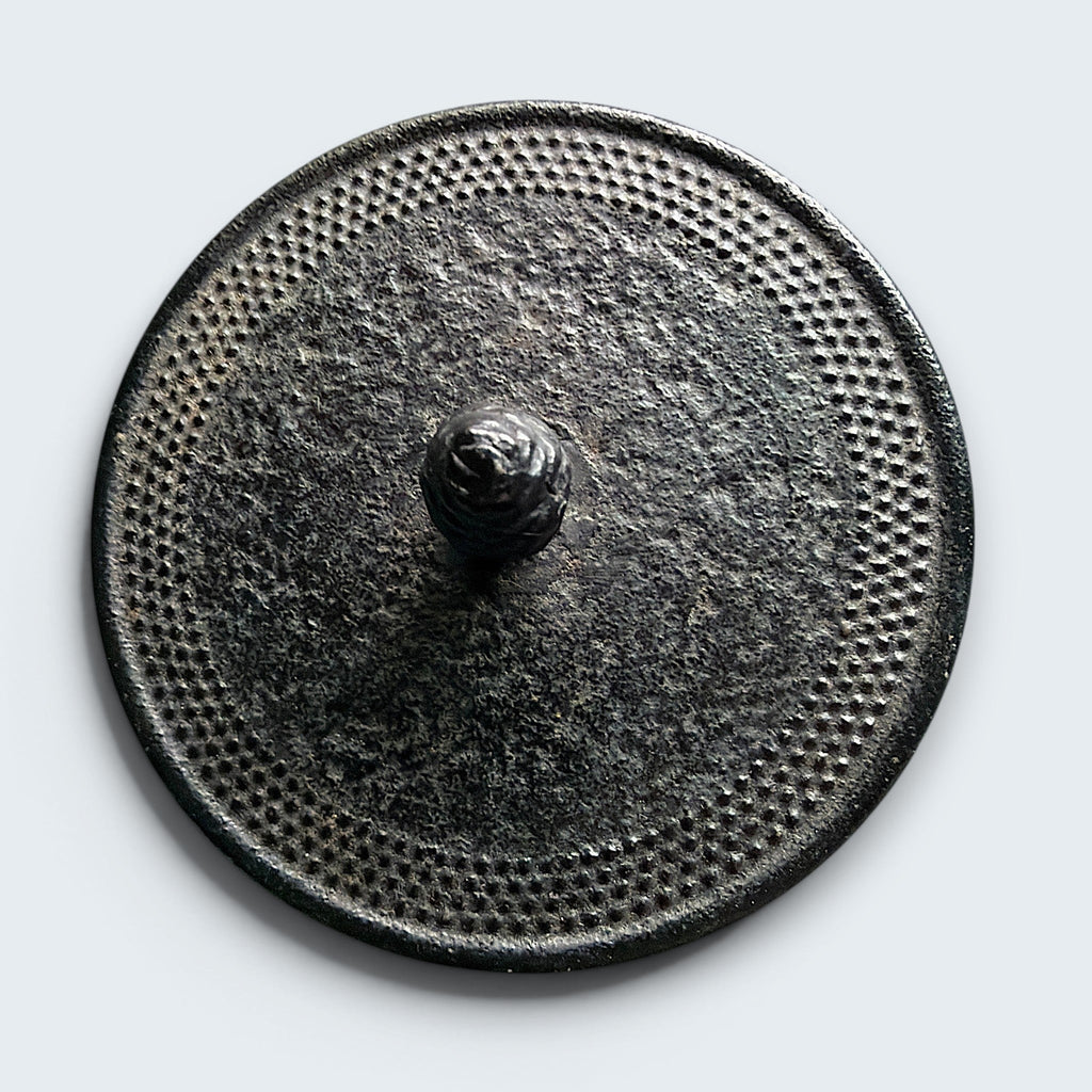 A black cast iron tetsubin teapot featuring a classic hobnail textured surface, open top showing a stainless steel mesh infuser basket, and two pivoting black metal handle hinges on the sides. - Photo 6