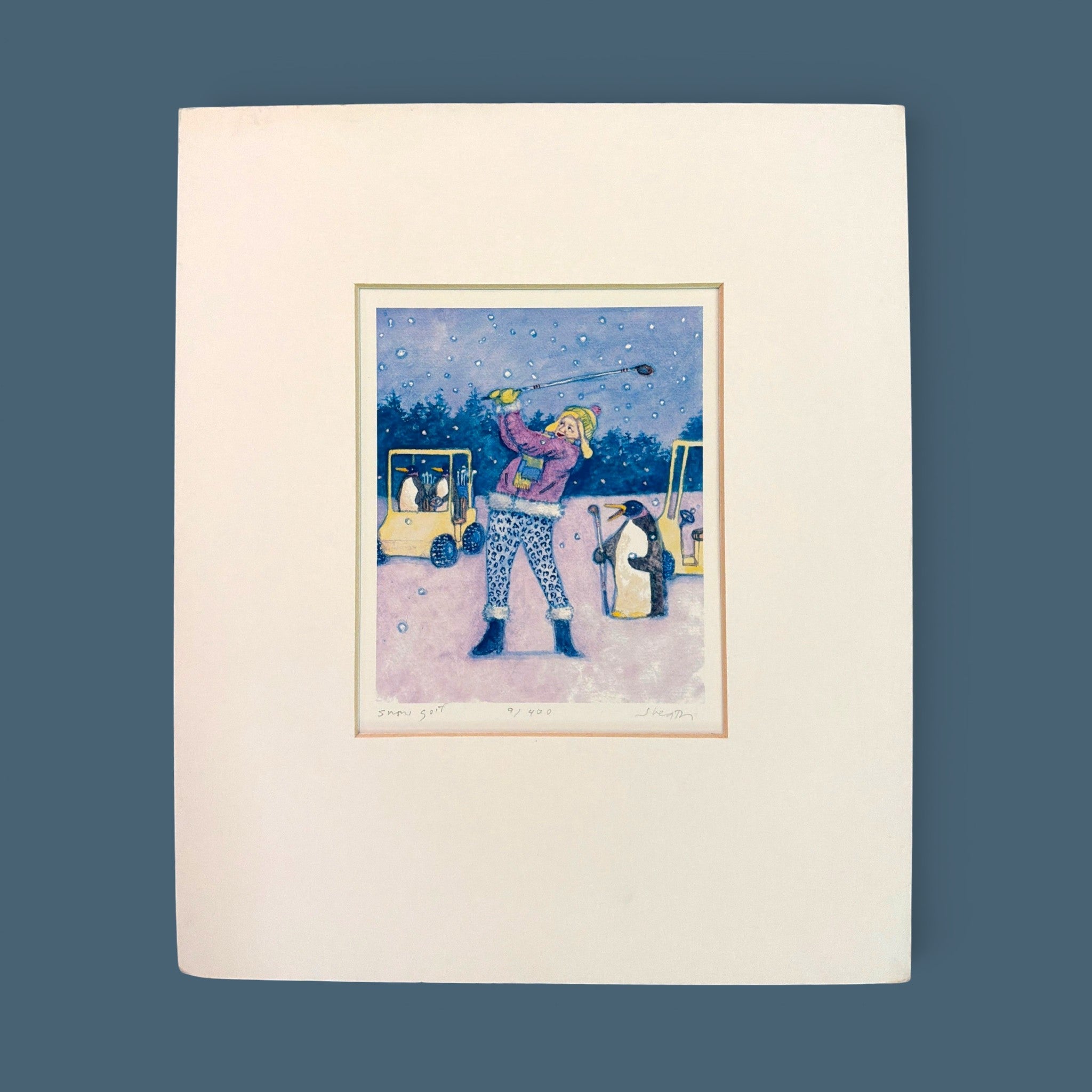 Set of three vintage matted prints featuring whimsical golf illustrations of golfers in carts by artist Heath - Photo 1