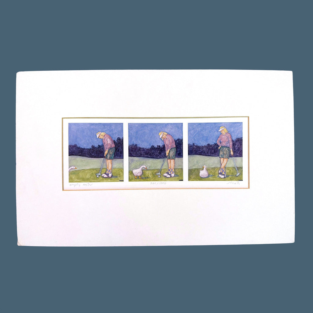 Set of three vintage matted prints featuring whimsical golf illustrations of golfers in carts by artist Heath - Photo 6