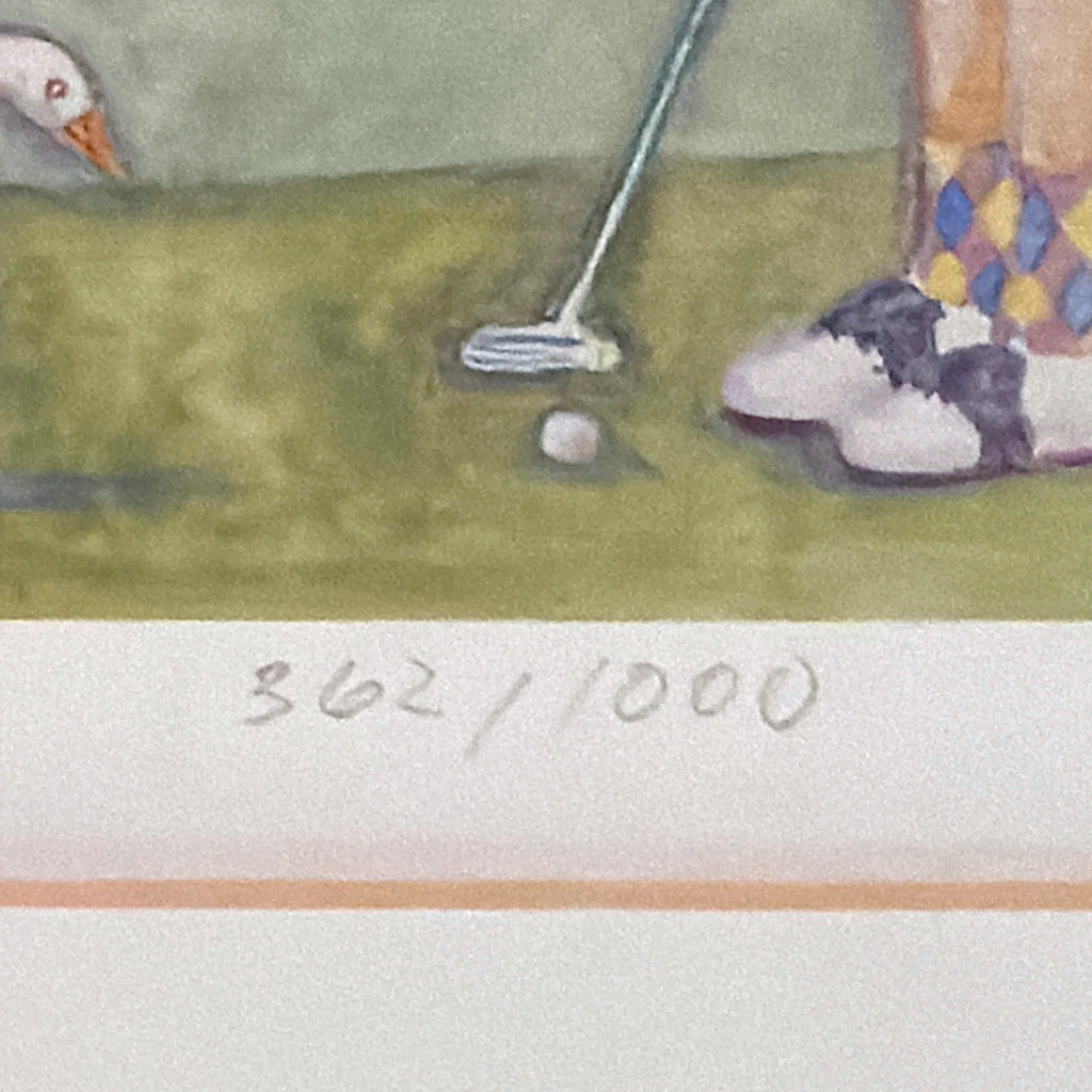 Set of three vintage matted prints featuring whimsical golf illustrations of golfers in carts by artist Heath - Photo 8