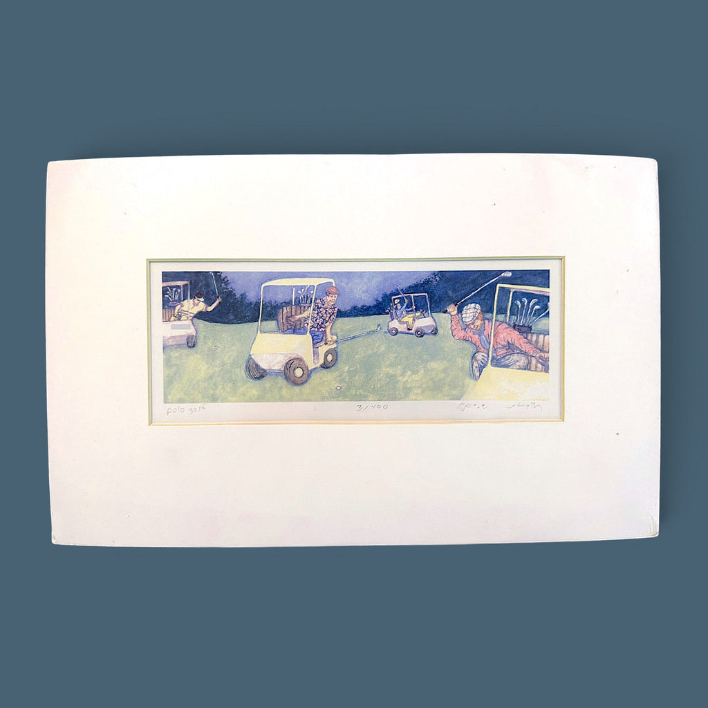 Set of three vintage matted prints featuring whimsical golf illustrations of golfers in carts by artist Heath - Photo 9